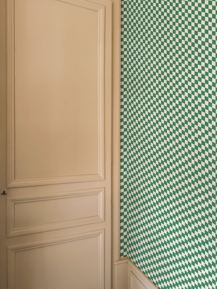 'Le Check' Wallpaper by Clare V. - Evergreen Cream