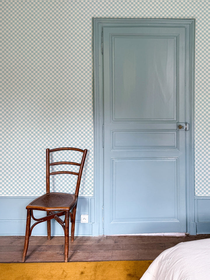 'Le Check' Wallpaper by Clare V. - Powder Blue