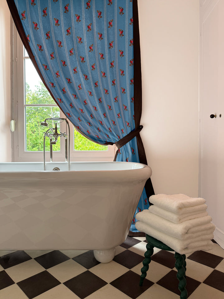 'Le Rosebud' Linen Fabric by Clare V. - Azure Rose