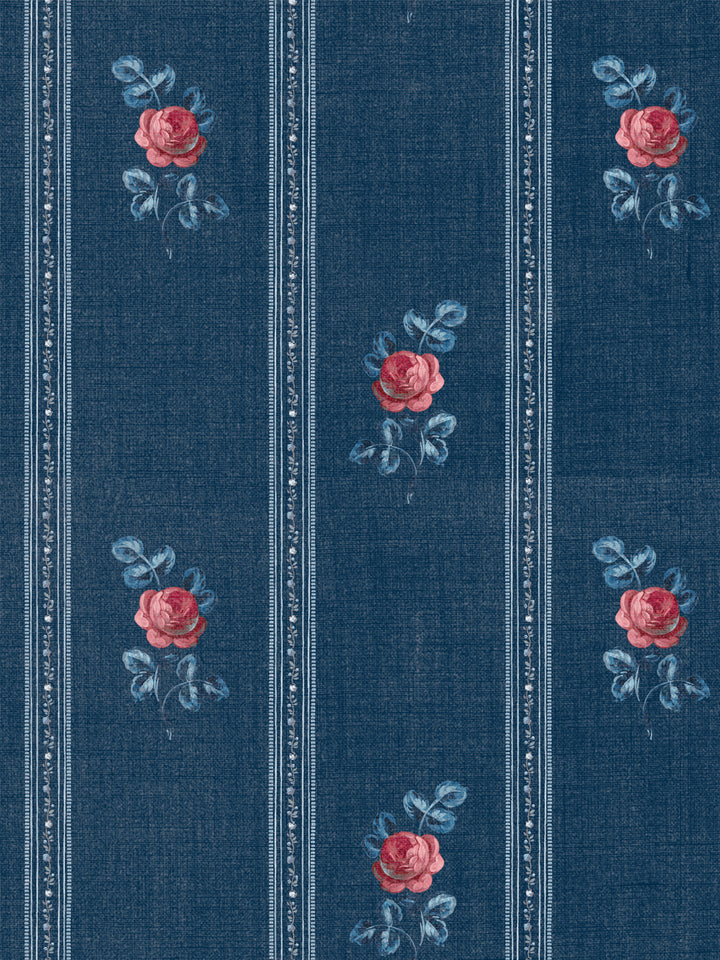 'Le Rosebud' Linen Fabric by Clare V. - Navy Rose