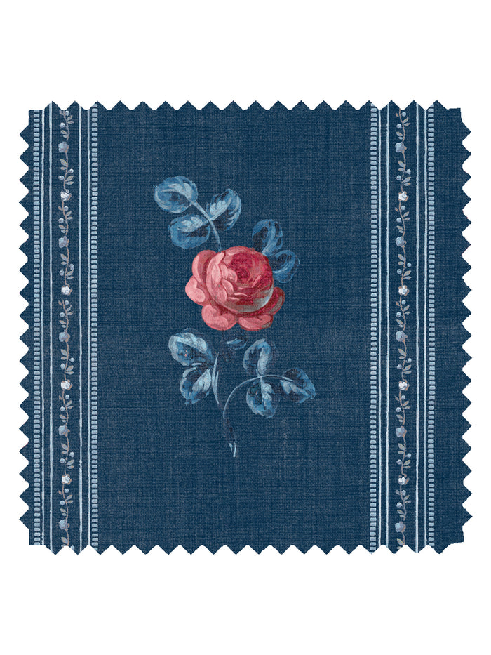 'Le Rosebud' Linen Fabric by Clare V. - Navy Rose