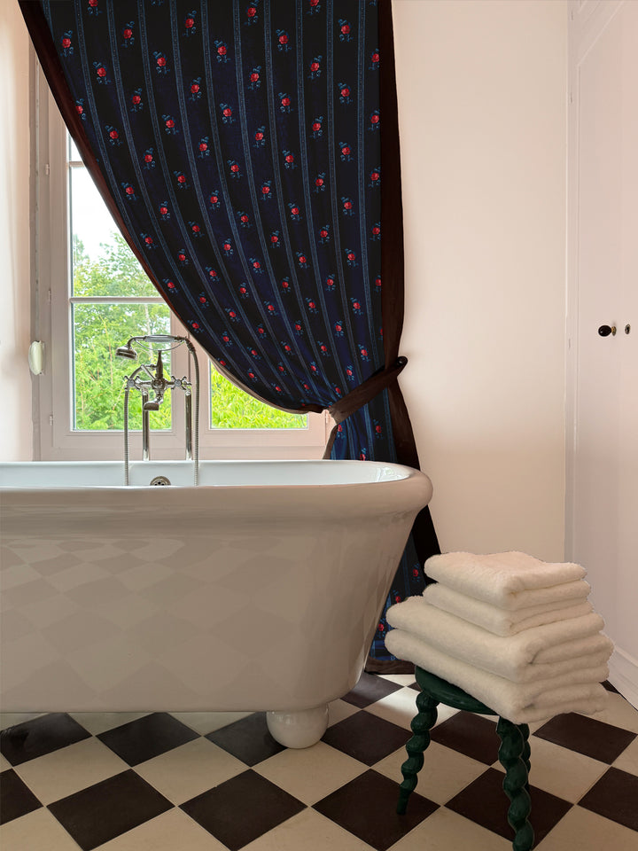 'Le Rosebud' Linen Fabric by Clare V. - Navy Rose