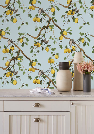 'Lemon Birds' Wallpaper by Nathan Turner - Light Blue