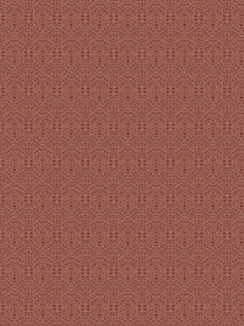Liliana wallpaper in Adobe Clay: tonal maroon leaf sprigs on a warm terracotta ground