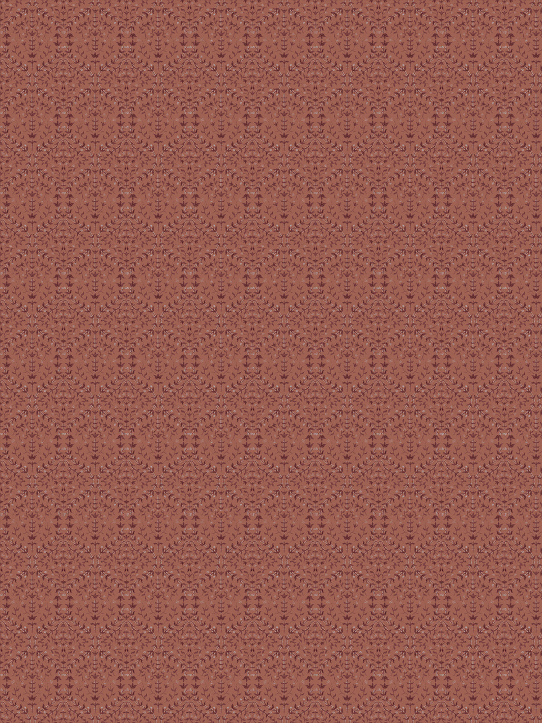Liliana wallpaper in Adobe Clay: tonal maroon leaf sprigs on a warm terracotta ground