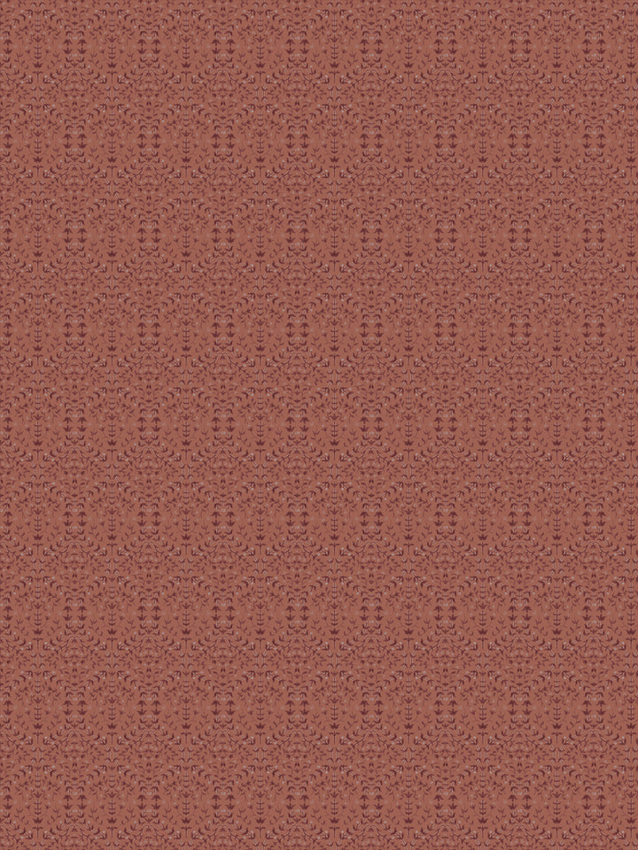 Liliana wallpaper in Adobe Clay: tonal maroon leaf sprigs on a warm terracotta ground