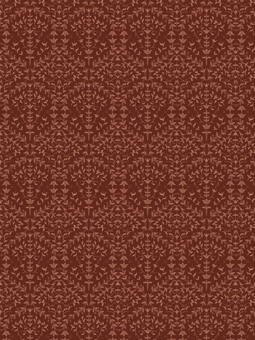 Close crop of muted terracotta-salmon lily sprigs on deep oxblood red-brown