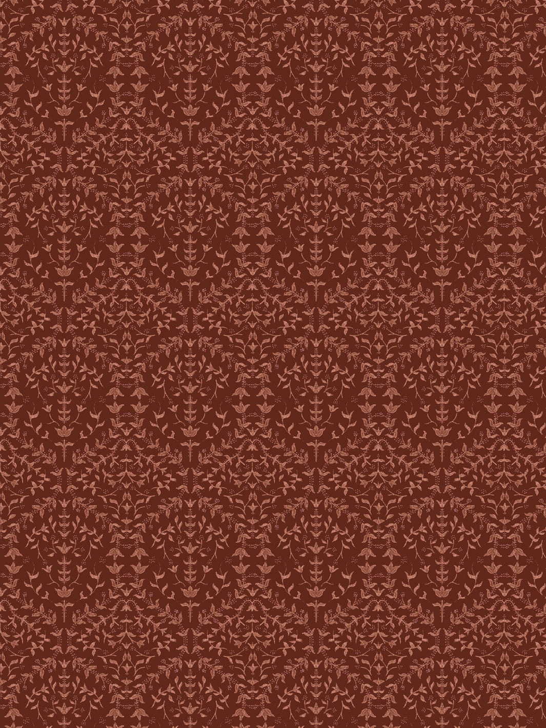 Close crop of muted terracotta-salmon lily sprigs on deep oxblood red-brown