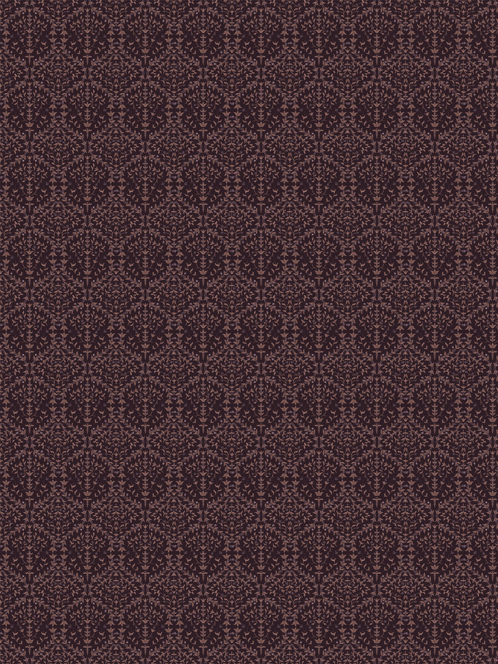 Liliana wallpaper in Cool Burgundy Berry: dusty rose sprigs on a near-black plum ground