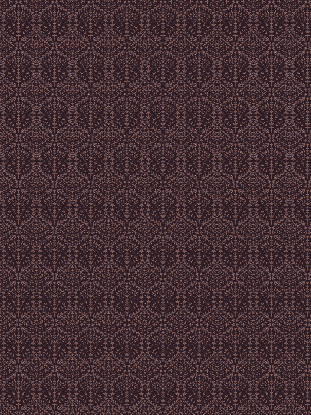 Liliana wallpaper in Cool Burgundy Berry: dusty rose sprigs on a near-black plum ground