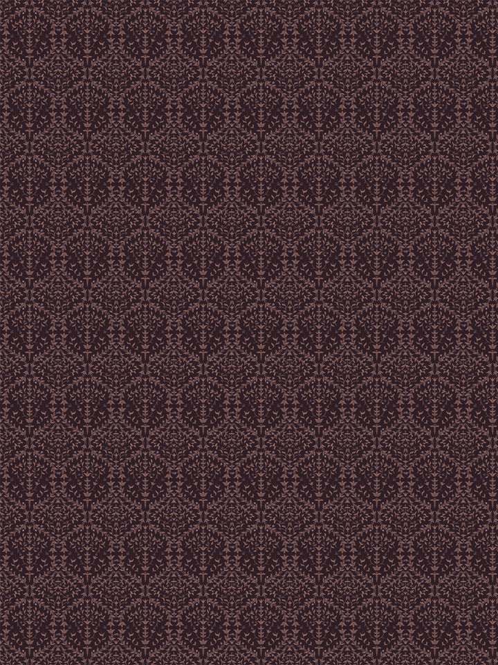 Liliana wallpaper in Cool Burgundy Berry: dusty rose sprigs on a near-black plum ground