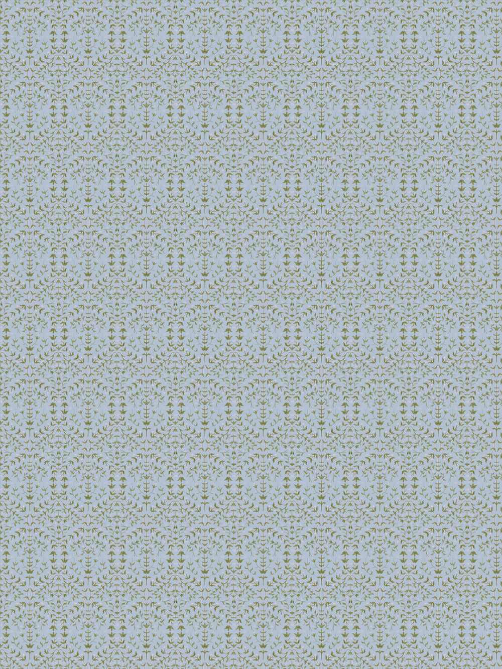 Liliana wallpaper in Dewdrop Garden: olive-green sprigs and pink buds on pale blue-grey