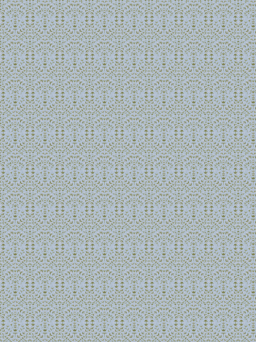 Liliana wallpaper in Dewdrop Garden: olive-green sprigs and pink buds on pale blue-grey