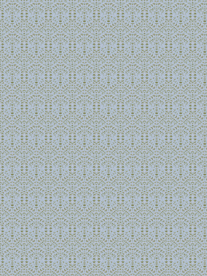 Liliana wallpaper in Dewdrop Garden: olive-green sprigs and pink buds on pale blue-grey