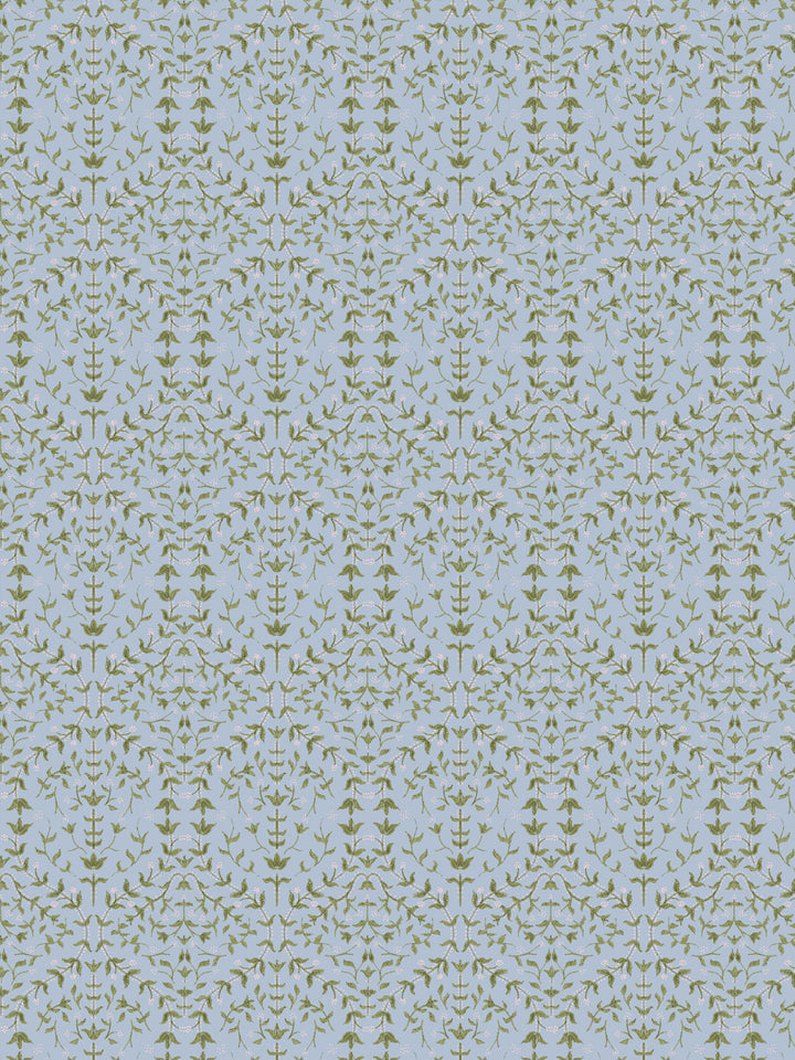 Close crop of soft olive green lily sprigs on pale powder blue-grey