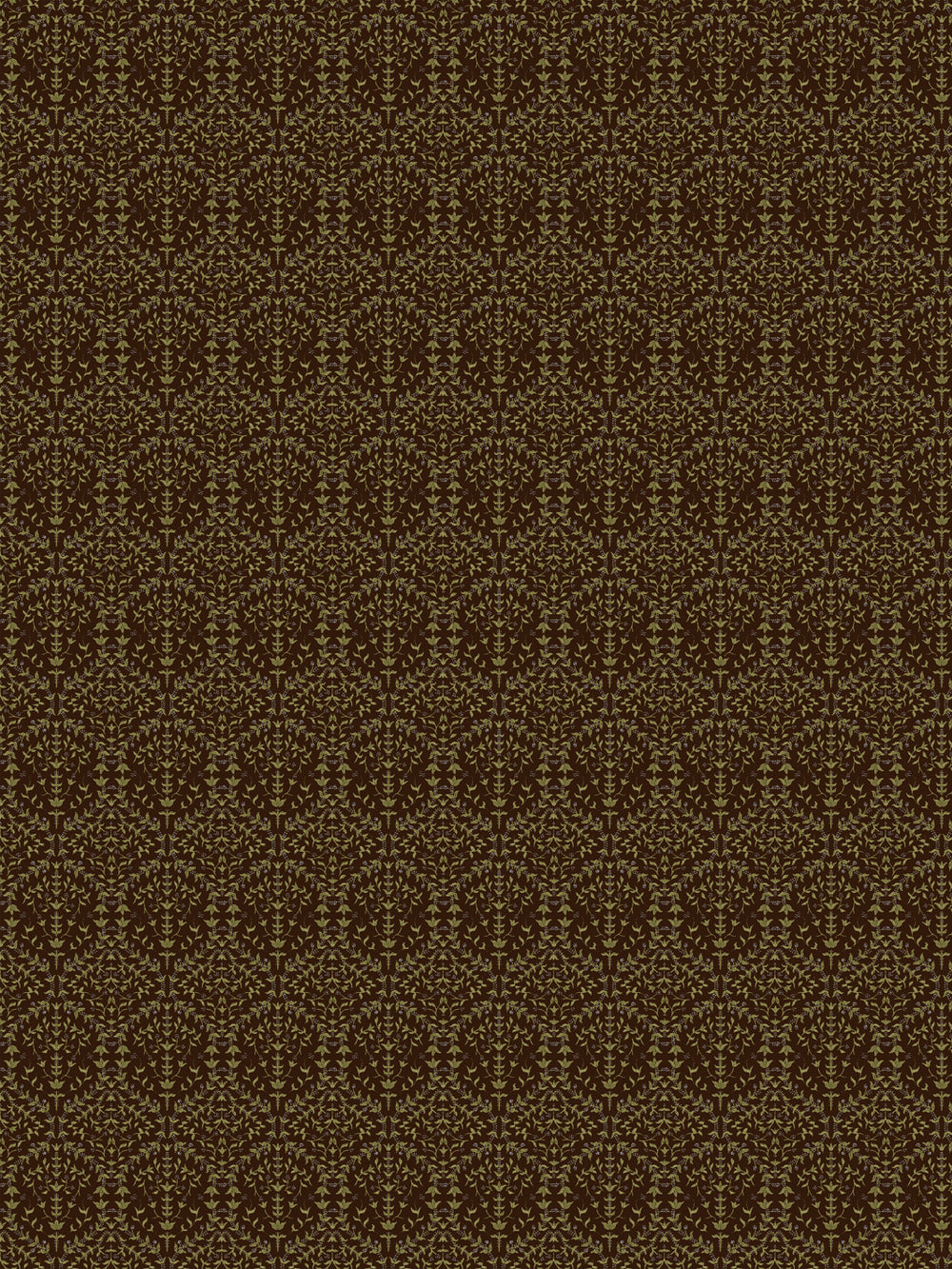 Liliana wallpaper in Ironwood Moss: moss-green sprigs on a dark espresso-brown ground