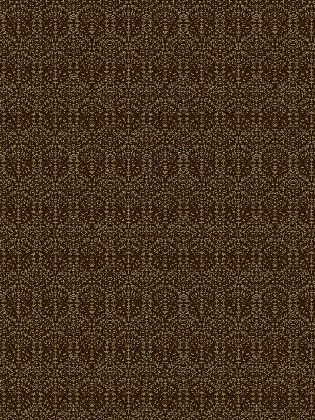 Liliana wallpaper in Ironwood Moss: moss-green sprigs on a dark espresso-brown ground