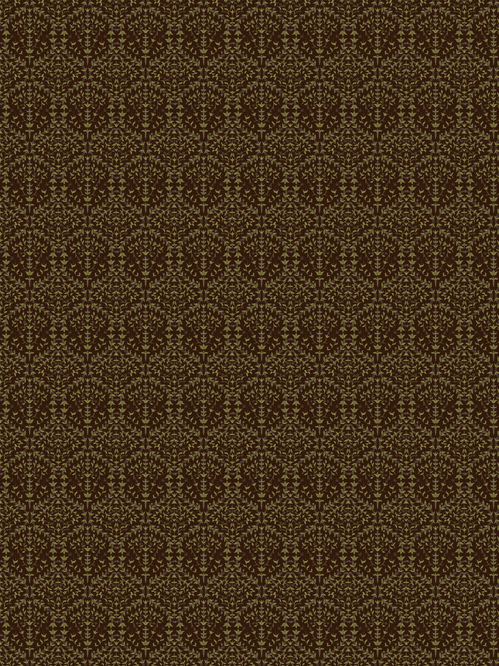 Liliana wallpaper in Ironwood Moss: moss-green sprigs on a dark espresso-brown ground