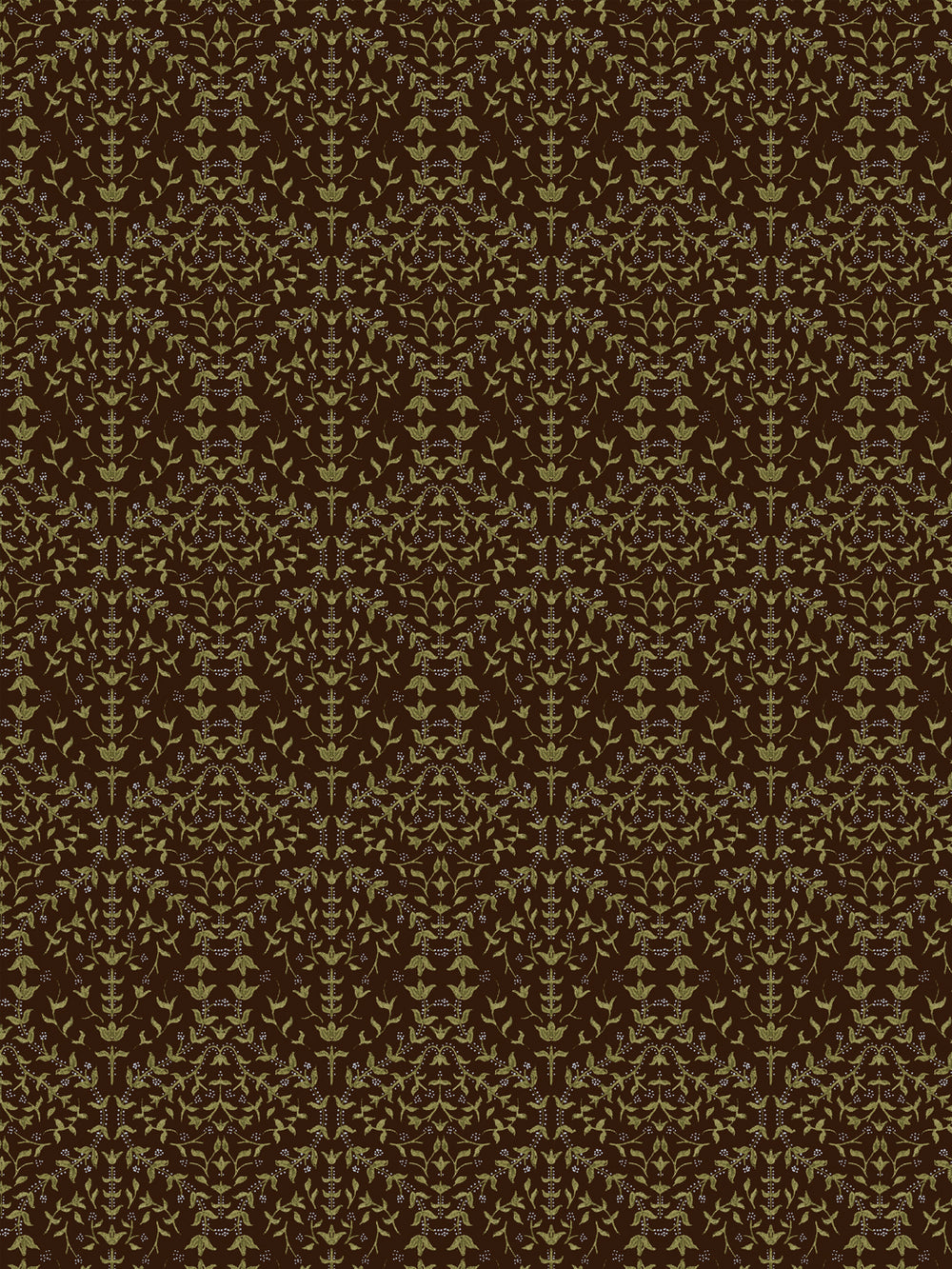 Close crop of moss-olive green lily sprigs on very dark espresso brown
