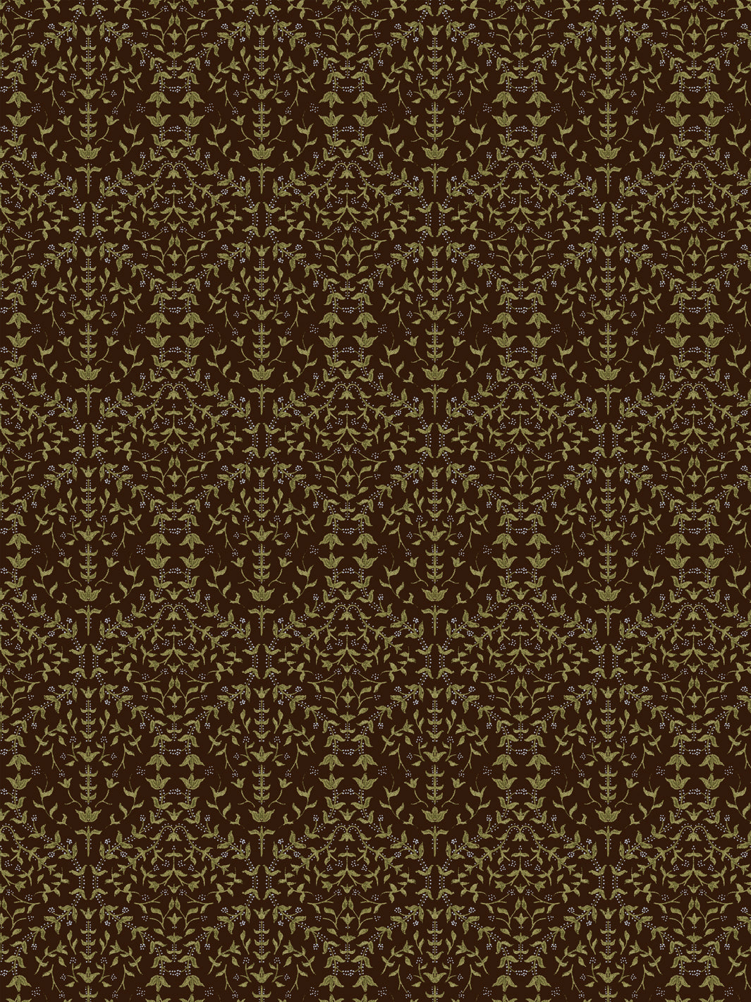 Close crop of moss-olive green lily sprigs on very dark espresso brown
