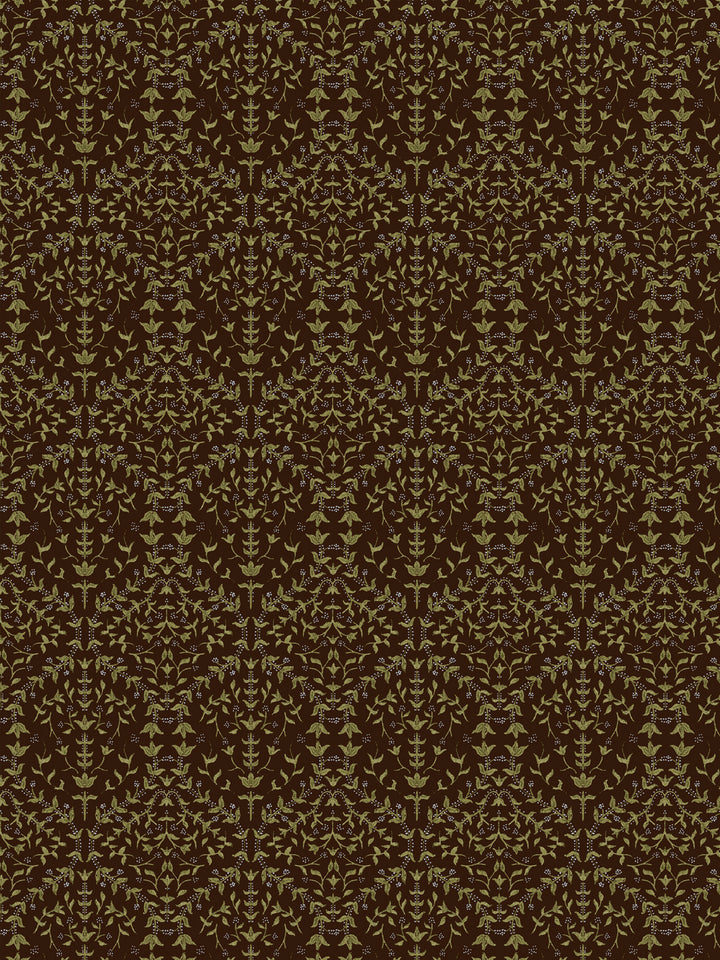 Close crop of moss-olive green lily sprigs on very dark espresso brown