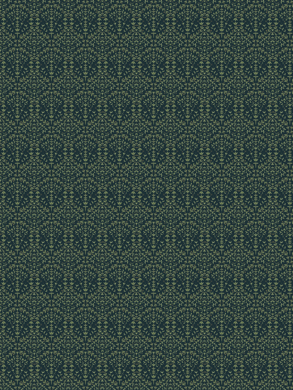 Liliana wallpaper in Midnight Garden: olive-sage sprigs on a near-black teal-green ground