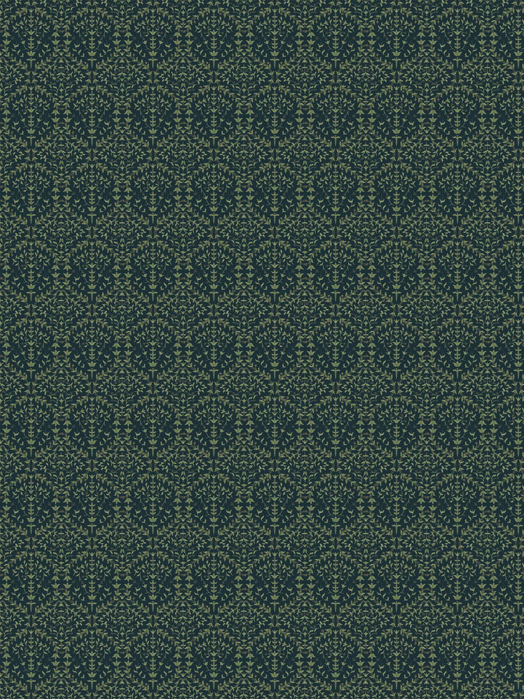 Liliana wallpaper in Midnight Garden: olive-sage sprigs on a near-black teal-green ground