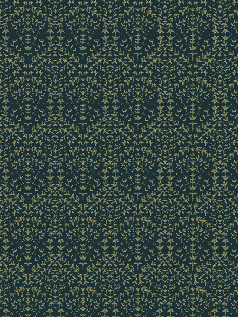 Close crop of soft olive-sage green lily sprigs on very dark teal-green