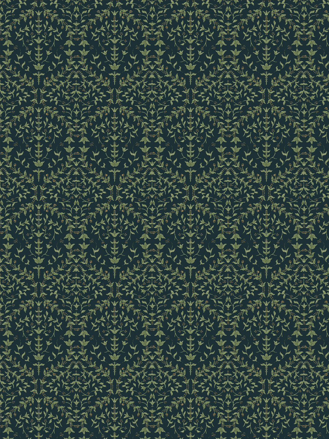 Close crop of soft olive-sage green lily sprigs on very dark teal-green