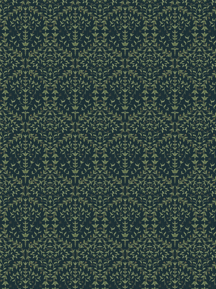 Close crop of soft olive-sage green lily sprigs on very dark teal-green