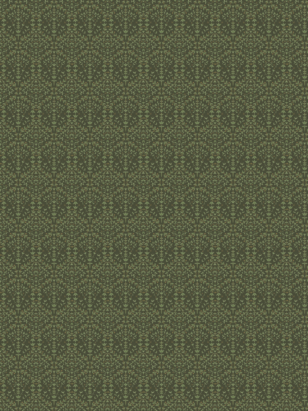 Liliana wallpaper in Moss Garden: pale sage sprigs on a mid olive-green ground