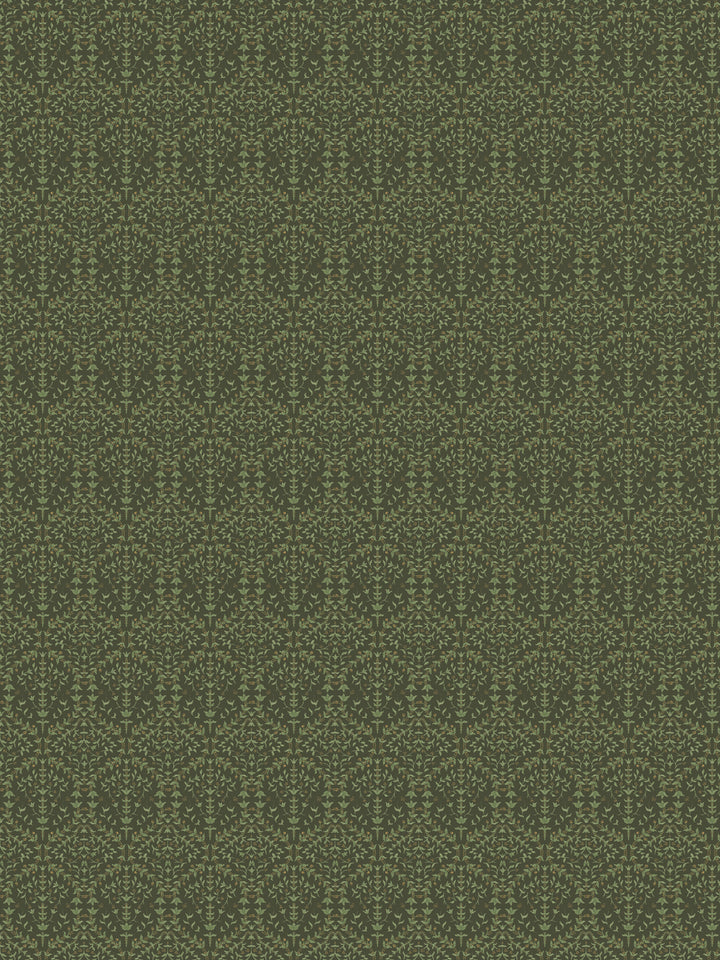 Liliana wallpaper in Moss Garden: pale sage sprigs on a mid olive-green ground