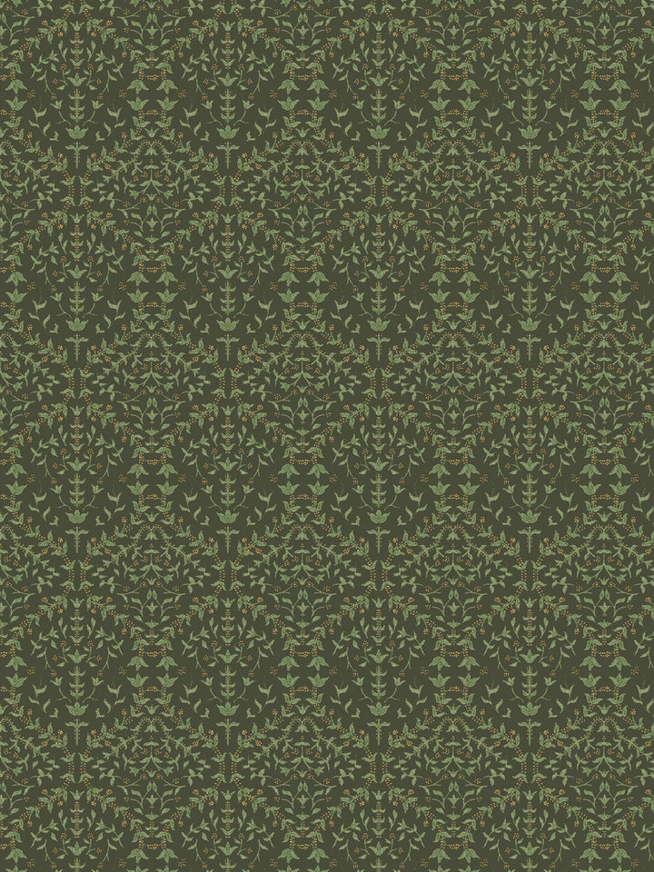 Close crop of lighter sage-green lily sprigs on mid olive-drab green