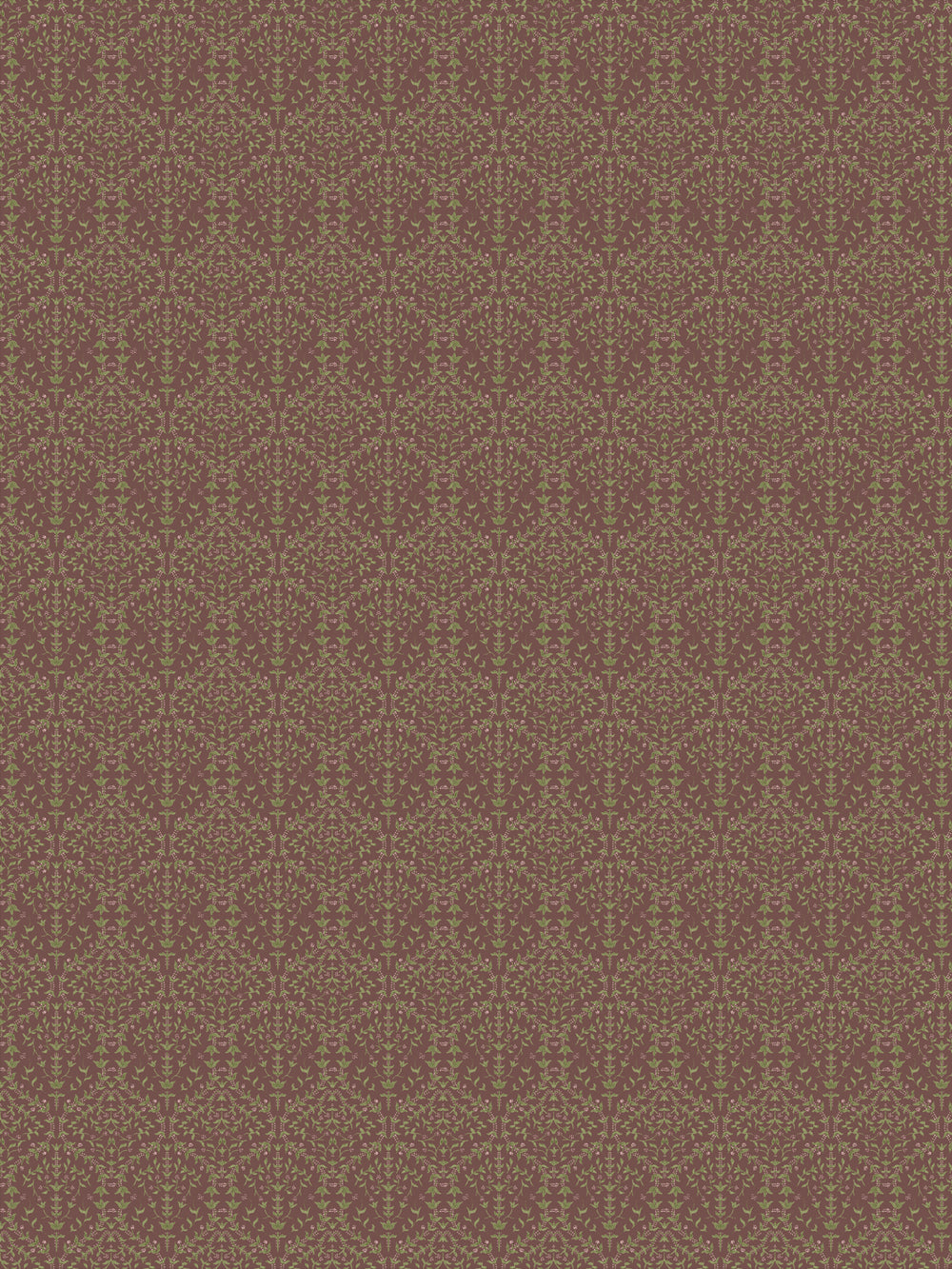 Liliana wallpaper in Toasted Grove: olive-green sprigs on a dusty cocoa-mauve ground