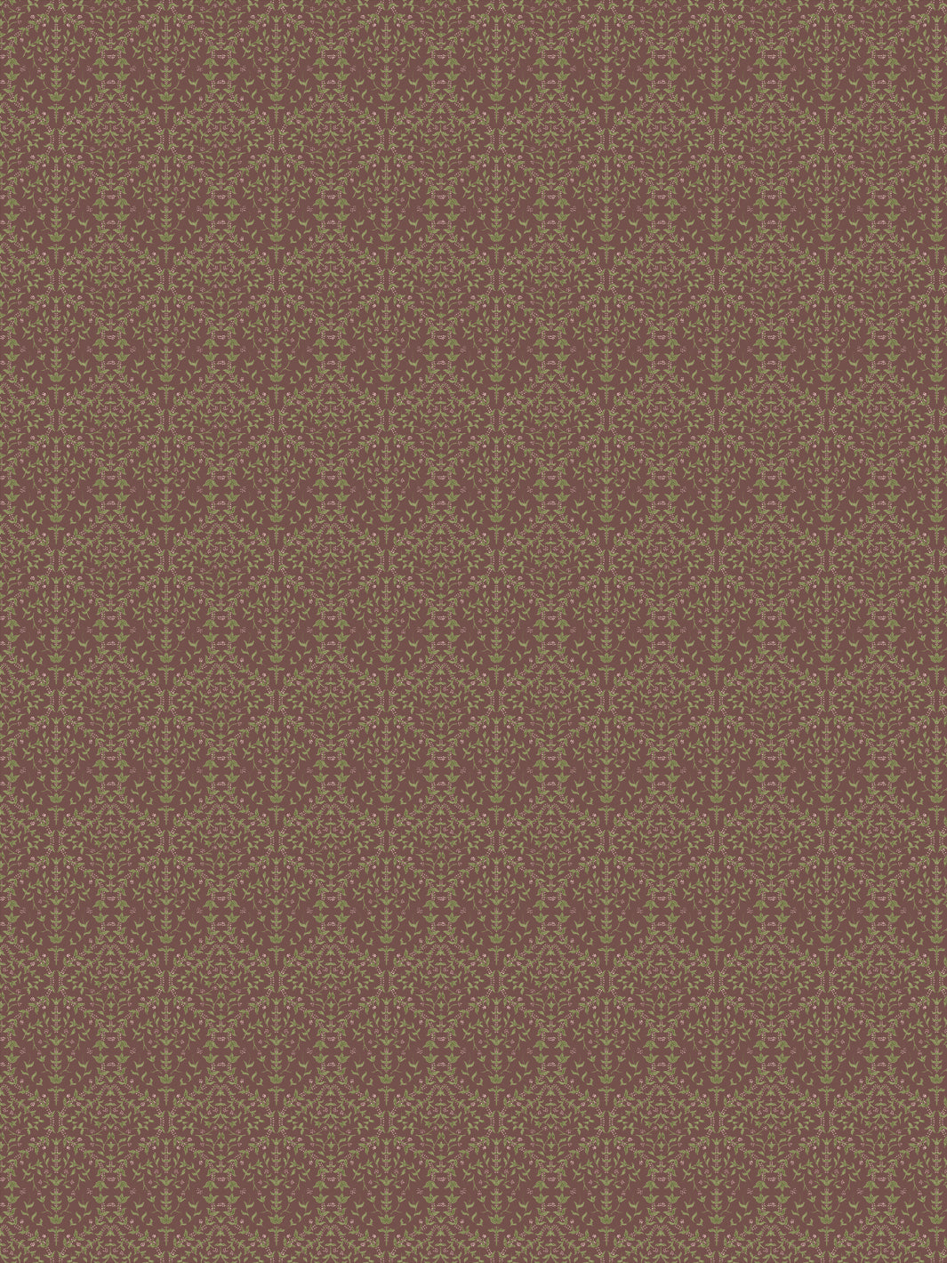 Liliana wallpaper in Toasted Grove: olive-green sprigs on a dusty cocoa-mauve ground