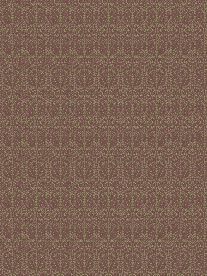 Liliana wallpaper in Toasted Grove: olive-green sprigs on a dusty cocoa-mauve ground