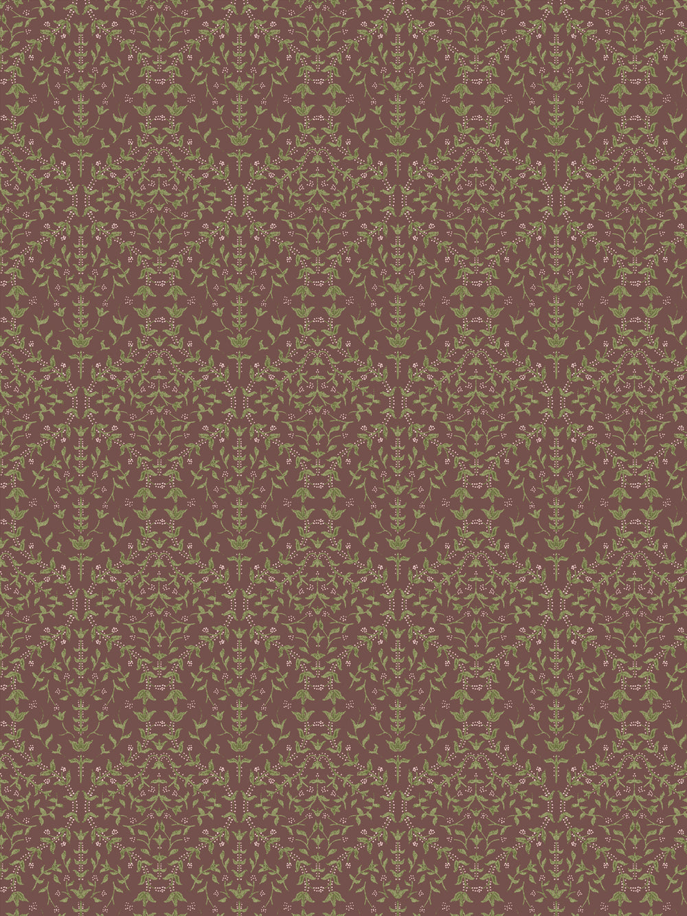Close crop of soft olive green lily sprigs on dusty cocoa-mauve brown