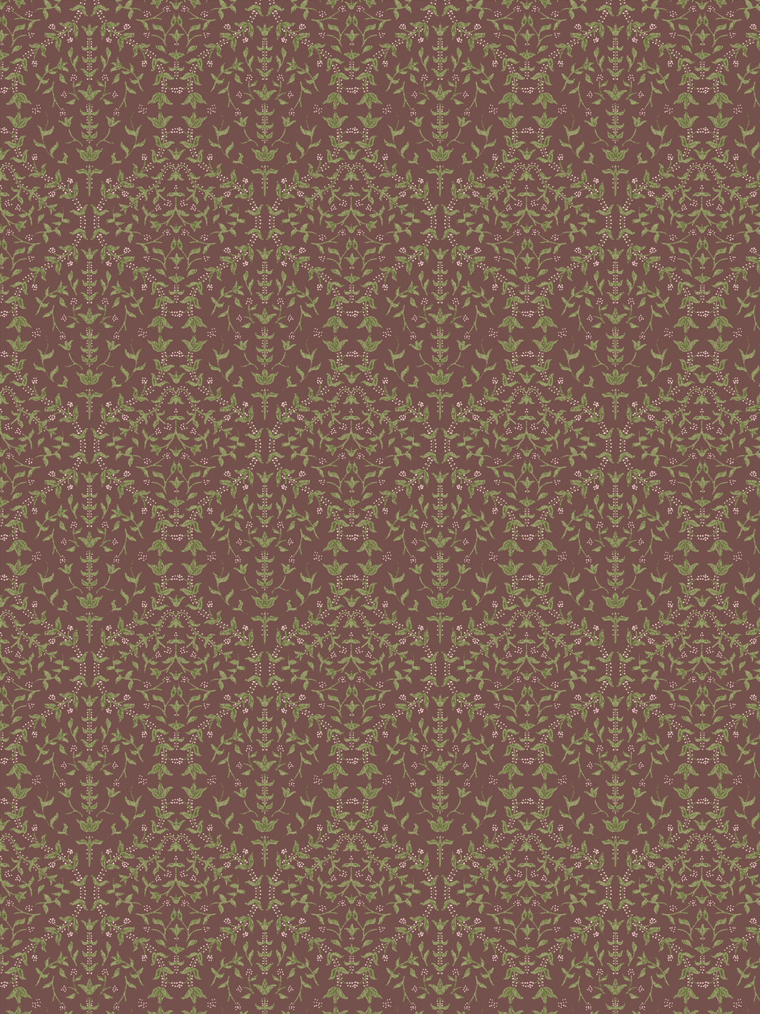 Close crop of soft olive green lily sprigs on dusty cocoa-mauve brown