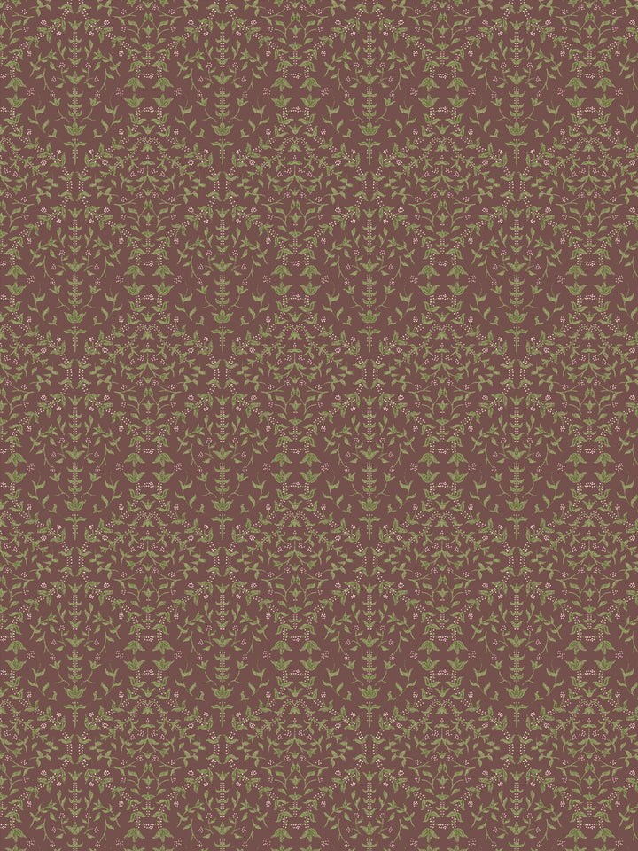 Close crop of soft olive green lily sprigs on dusty cocoa-mauve brown