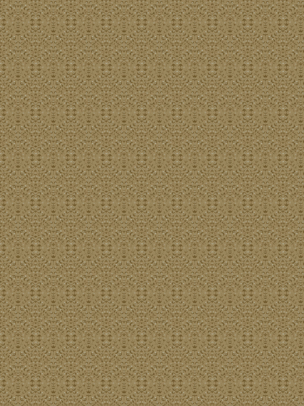Liliana wallpaper in Wild Thristle: tonal olive-brown sprigs on a warm khaki-camel ground