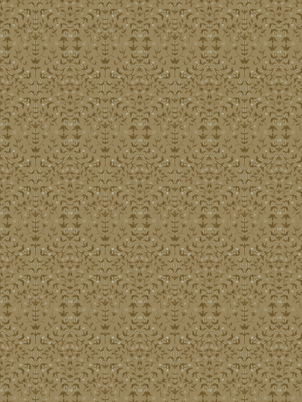 Close crop of darker olive-brown lily sprigs on warm khaki-camel