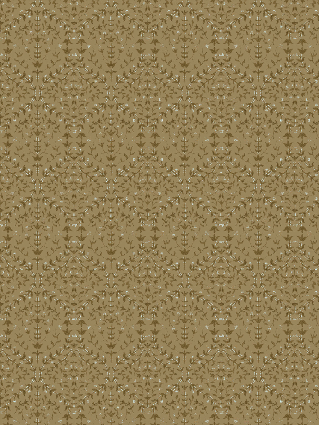 Close crop of darker olive-brown lily sprigs on warm khaki-camel