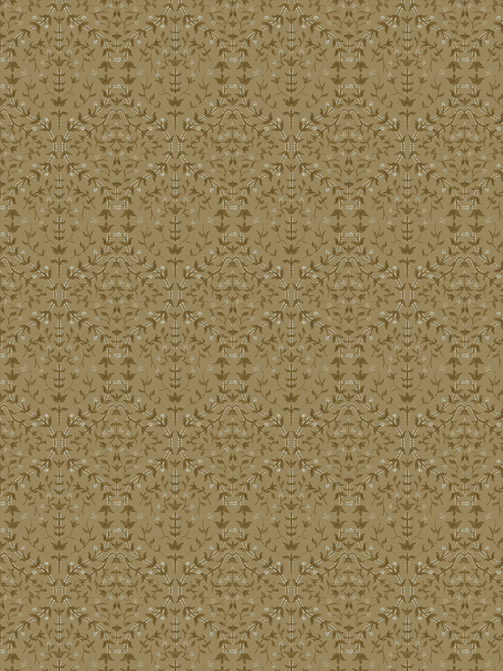Close crop of darker olive-brown lily sprigs on warm khaki-camel