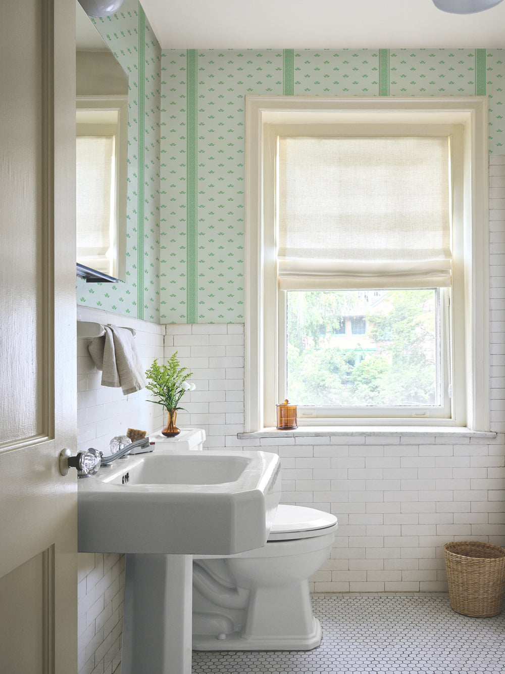 'Lotus Line' Wallpaper by Wallshoppe - Crisp Mint - Room Shot