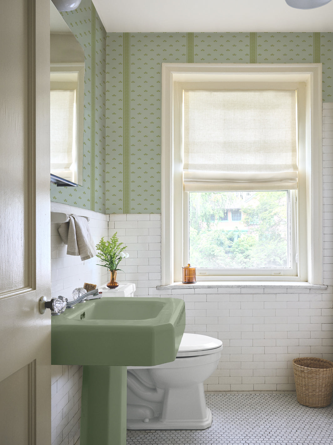 'Lotus Line' Wallpaper by Wallshoppe - Dried Thyme - Room Shot