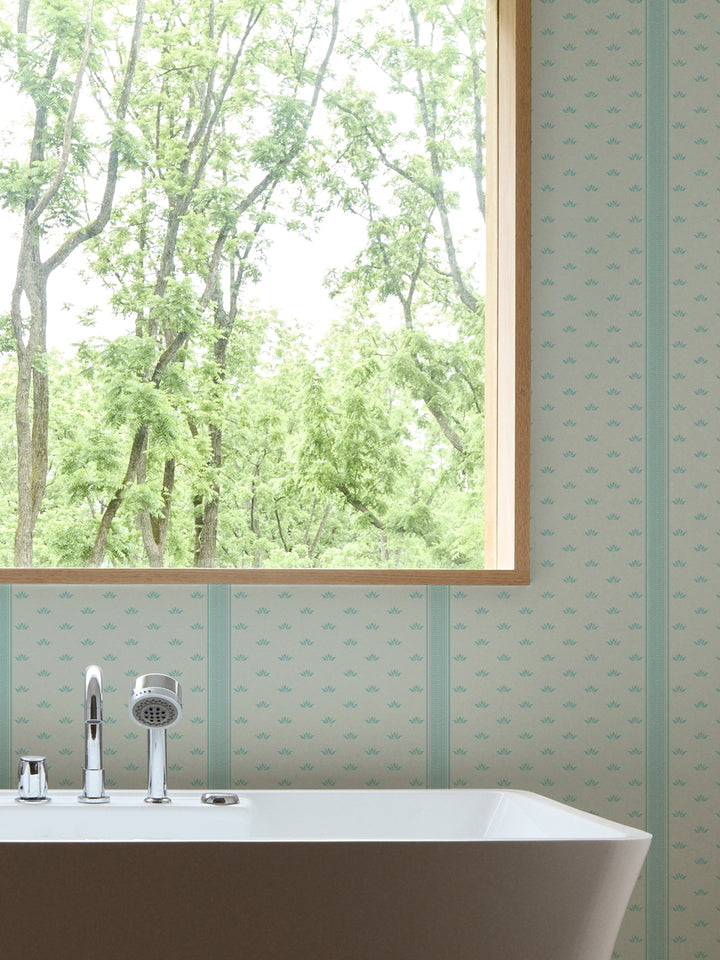 'Lotus Line' Wallpaper by Wallshoppe - Ocean Mist - Room Shot