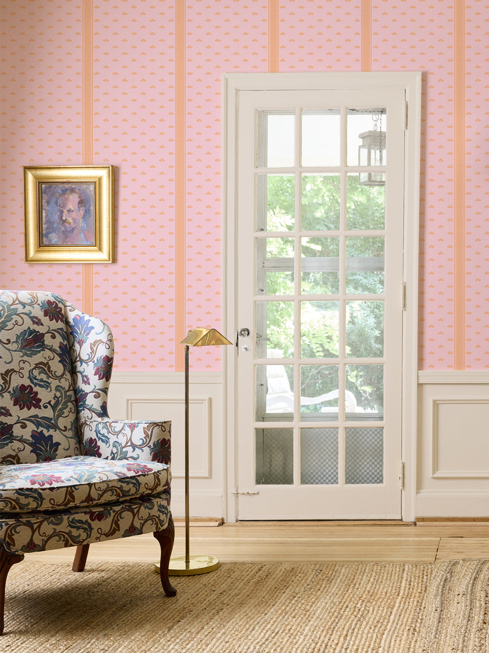 'Lotus Line' Wallpaper by Wallshoppe - Papaya Pink - Room Shot