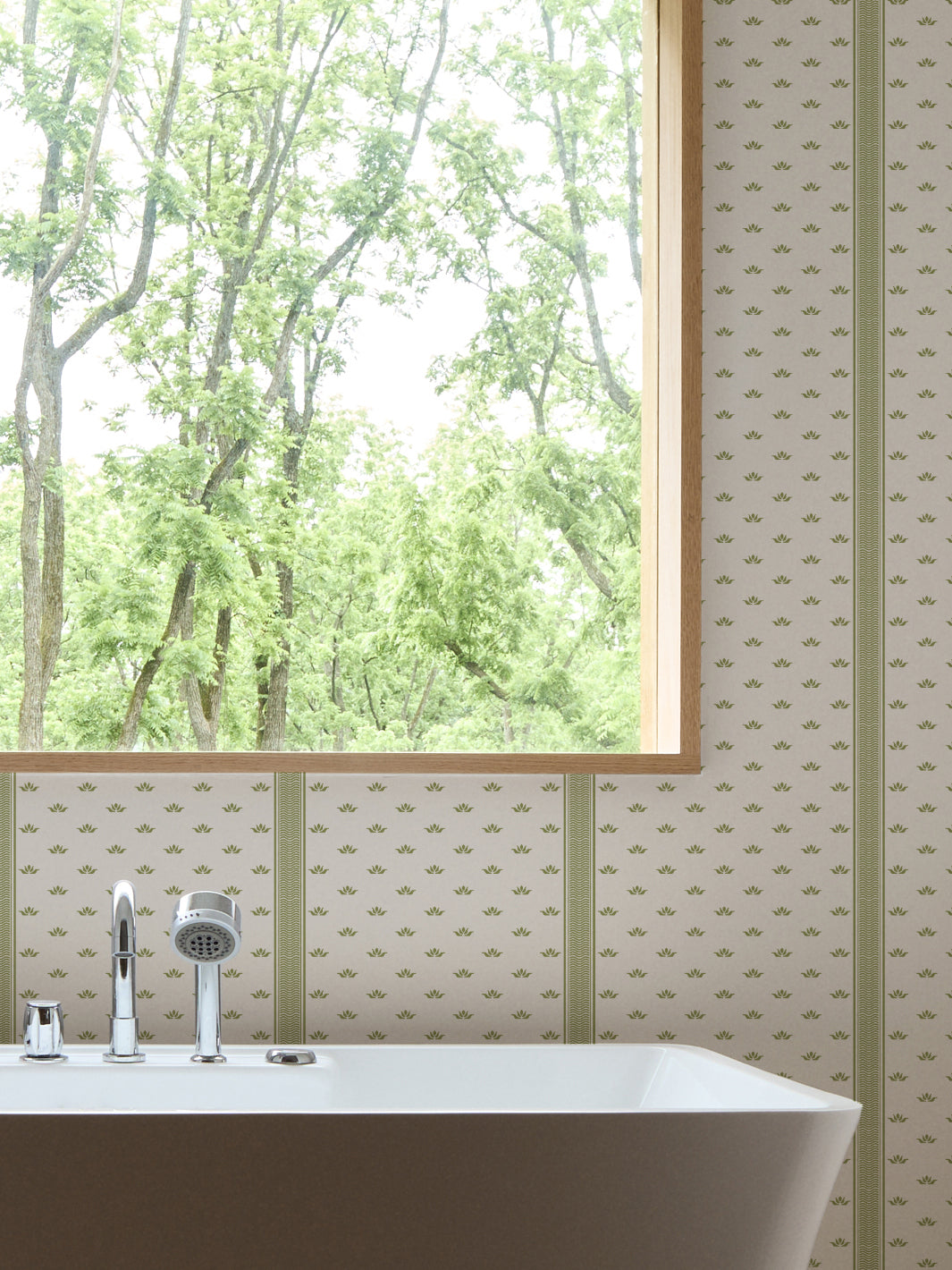 'Lotus Line' Wallpaper by Wallshoppe - Warm Olive - Room Shot