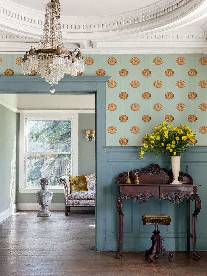Brown eye motif wallpaper with gold-framed oval eyes on light blue wall