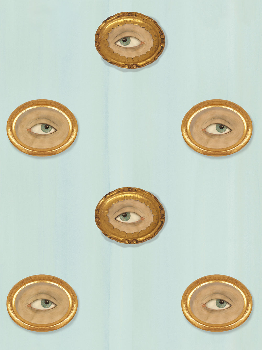 Repeating wallpaper pattern of gold-framed eyes with light tan centers